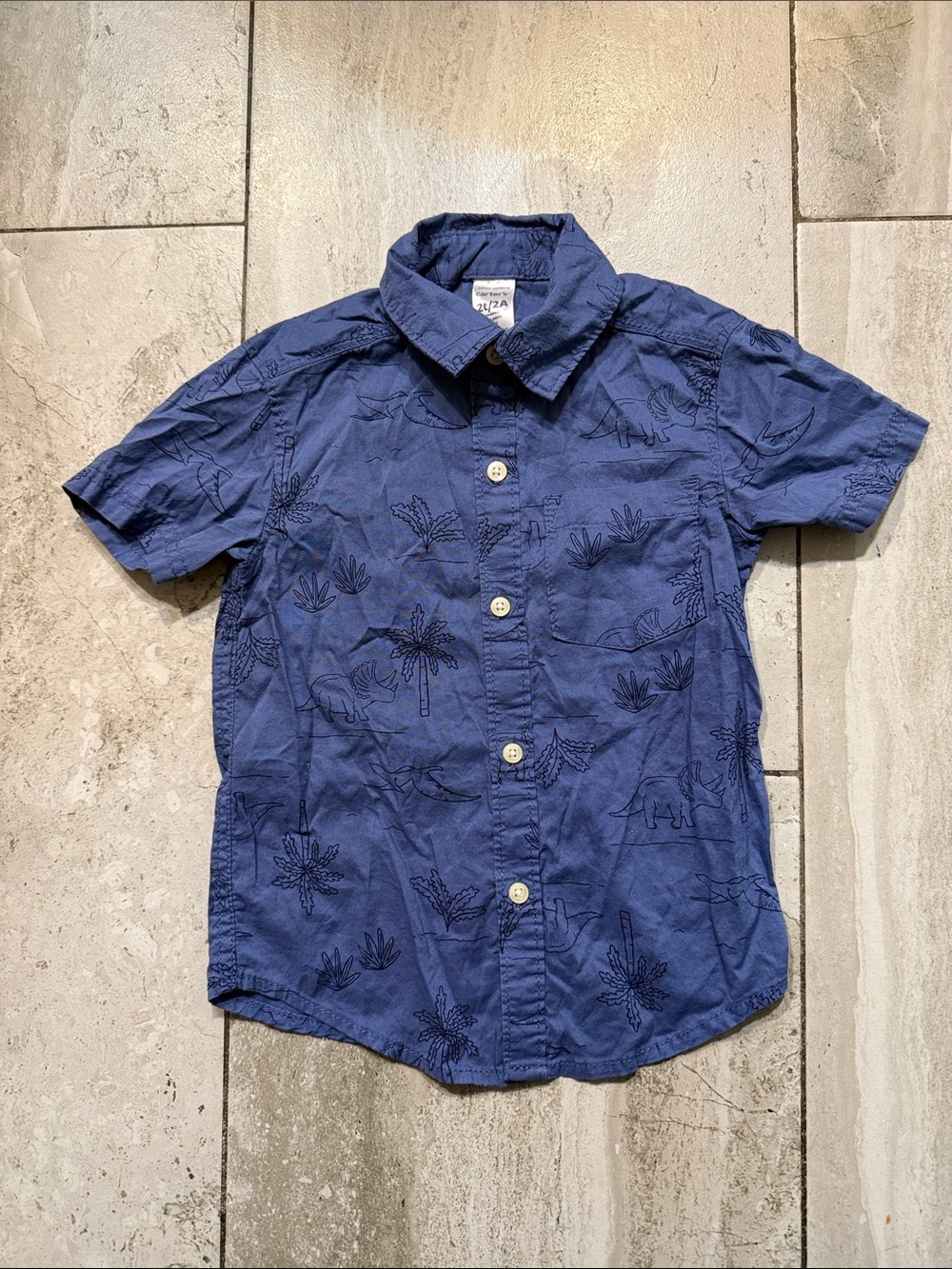 Carter's Blue Short-Sleeve Button Shirt with Dinosaur Outline Print
